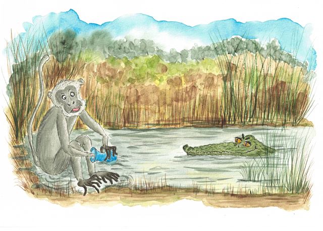 Monsi sitzt am Ufer, im Wasser lauert ein Krokodil