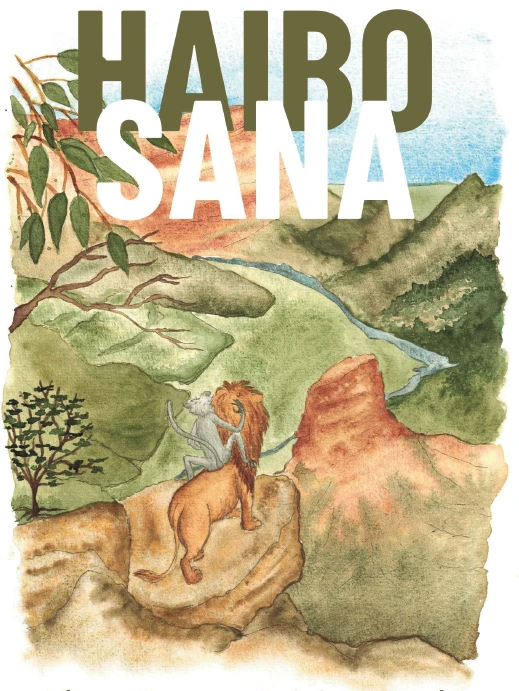 Buchcover von Haibo Sana: Löwe und Affe blicken von einem Felsen über ein grünes Flusstal