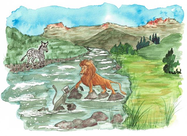 Der Löwe hilft Monsi über einen Fluss, am Ufer steht ein Zebra