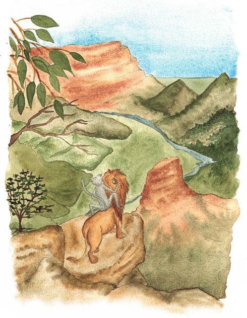 Der Löwe mit Monsi auf dem Rücken blickt von einem Felsen über ein Flusstal